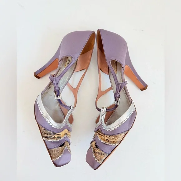 Prada Vintage Lilac Satin Snakeskin Trim Cutout Mary Jane T-Strap Heels EU38 - Picture 5 of 11